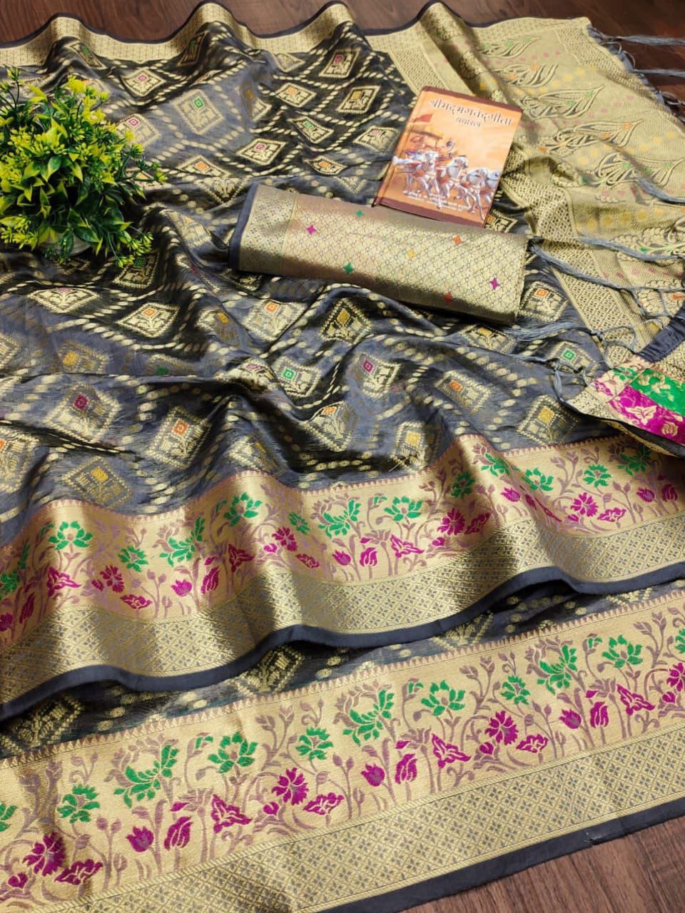 Kanchipuram Organza Saree with Antique Zari Weaving and Brocade Blouse – Festive Wear