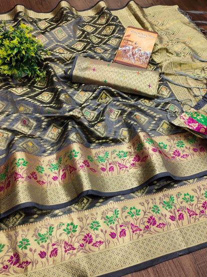Kanchipuram Organza Saree with Antique Zari Weaving and Brocade Blouse – Festive Wear