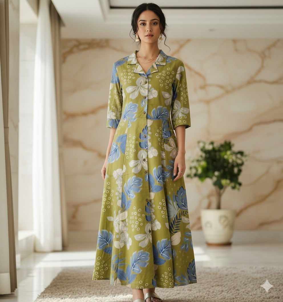 Women’s cotton A-line dress with olive–blue floral print, button-down style and 3/4 sleeves, size 38–46
