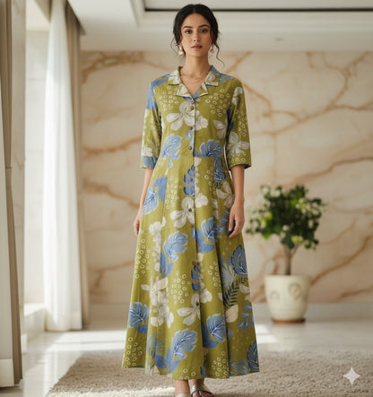 Women’s cotton A-line dress with olive–blue floral print, button-down style and 3/4 sleeves, size 38–46