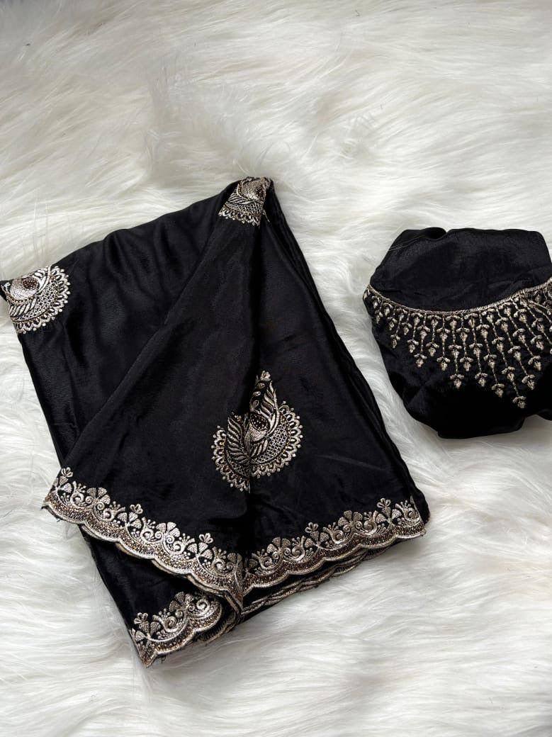 Pure Chinnon Saree with Embroidery, Work & Peacock Butta Motifs – Heavy Embroidered Blouse