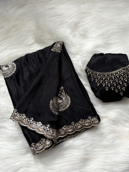 Pure Chinnon Saree with Embroidery, Work & Peacock Butta Motifs – Heavy Embroidered Blouse