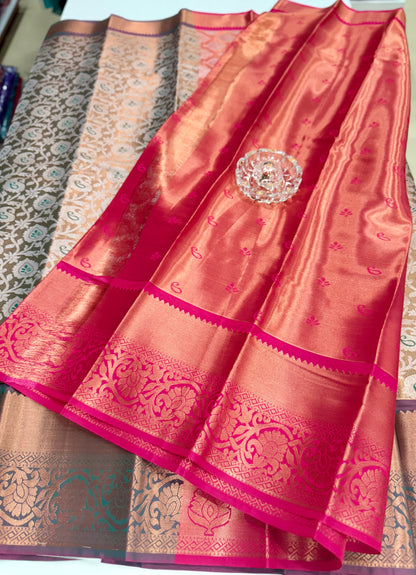 Bridal tissue saree for women with woven zari work and contrast border, kanchipuram style powerloom saree with blouse fabric