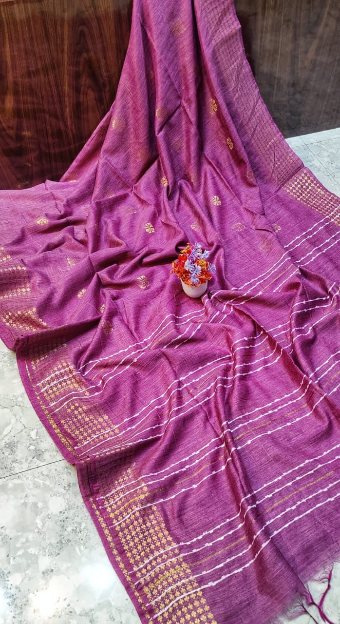 Muga Silk Saree with Sequence Pallu, Weaving Butta Design and Blouse Piece for Women