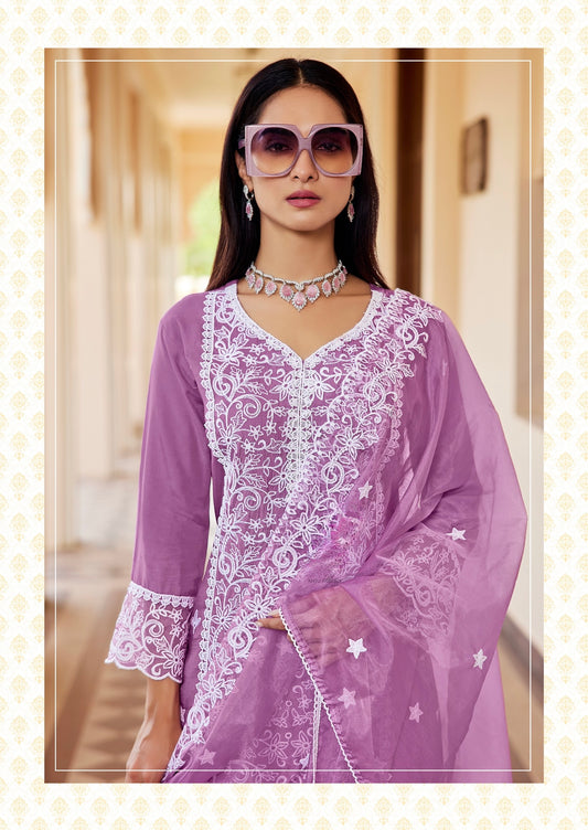 Muslin Kurti Palazzo Dupatta Set with Embroidery and Organza Dupatta for Women – L to 3XL