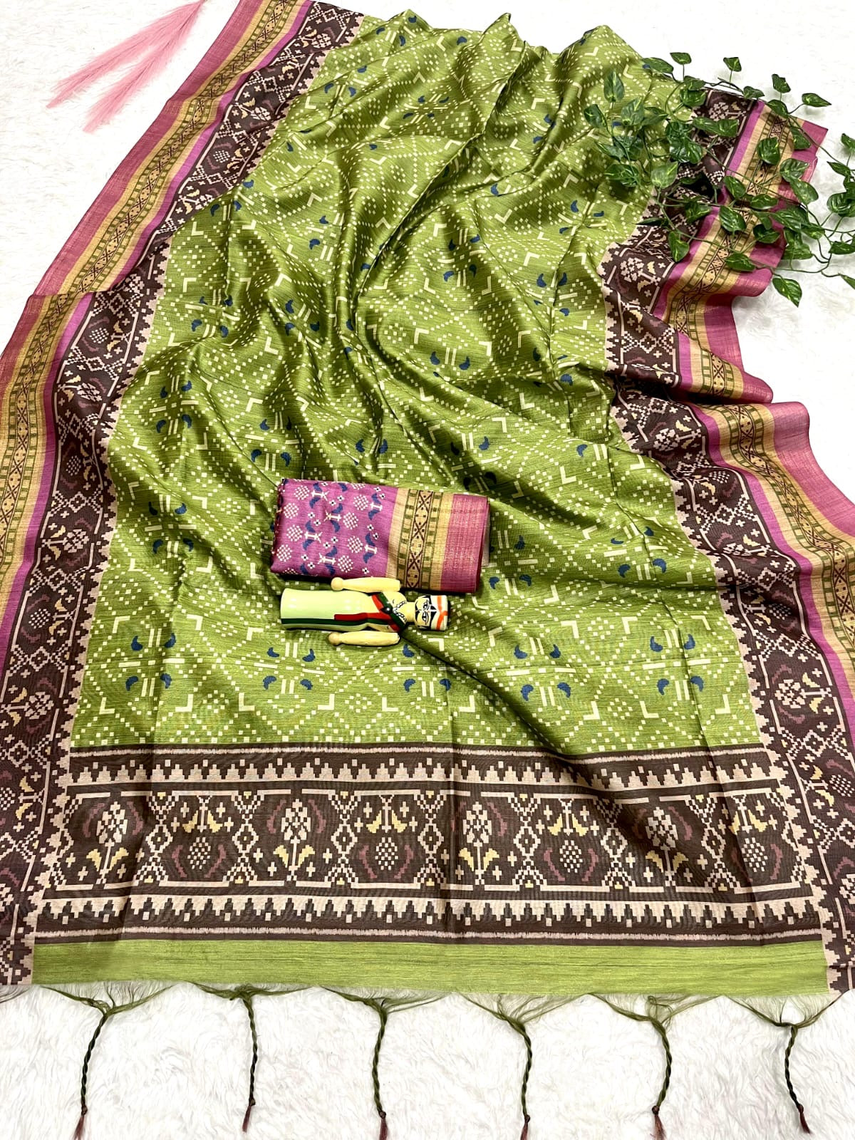 Soft Raw Silk Ikat Print Saree with Tassel Border and Contrast Blouse Piece