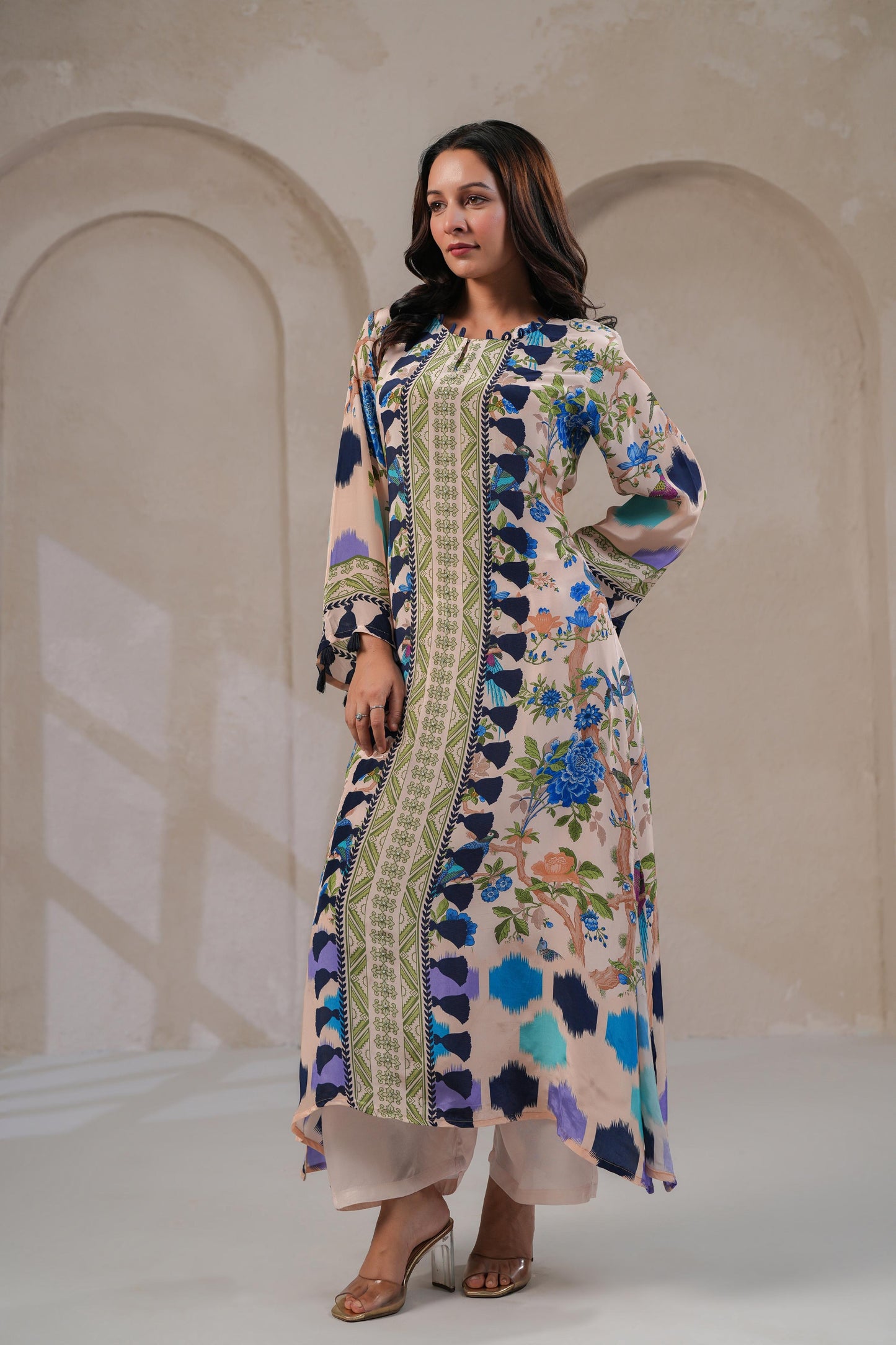 Digital Print Crepe Kurta Pant Set for Women with Tassel Detailing and Shantoon Bottom