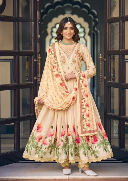 Muslin Digital Print Kurta Pant Dupatta Set with Khatli Mirror Handwork and Latkan Dupatta – L to 3XL