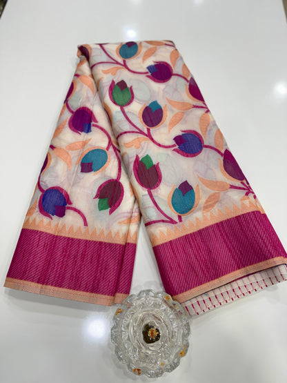 Soft silk floral printed saree with contrast blouse, lightweight festive wear saree for women