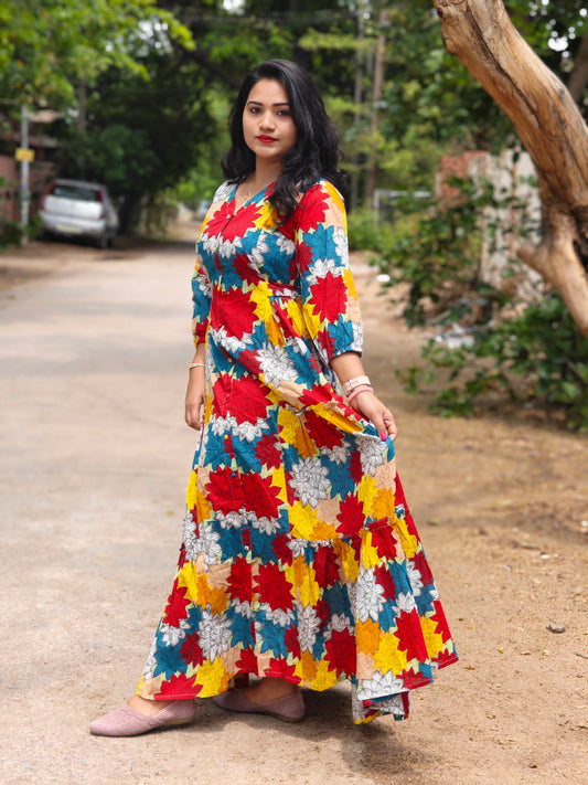 Radiant Blooms Cotton Flared Dress with Multi-Color Floral Panels – Casual & Occasion Wear