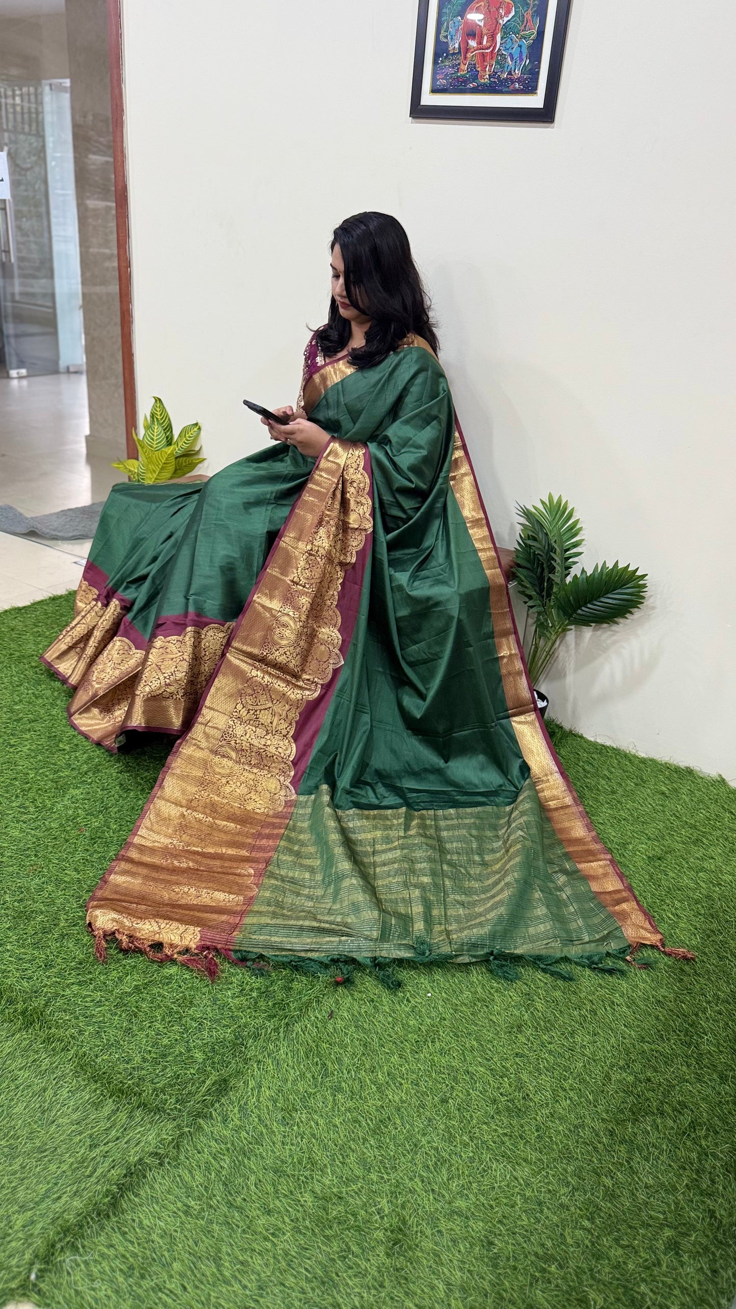 Kanjivaram Narayanpeth Silk Saree with Mor Designer Border and Contrast Pallu – With Blouse Piece