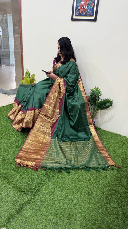 Kanjivaram Narayanpeth Silk Saree with Mor Designer Border and Contrast Pallu – With Blouse Piece
