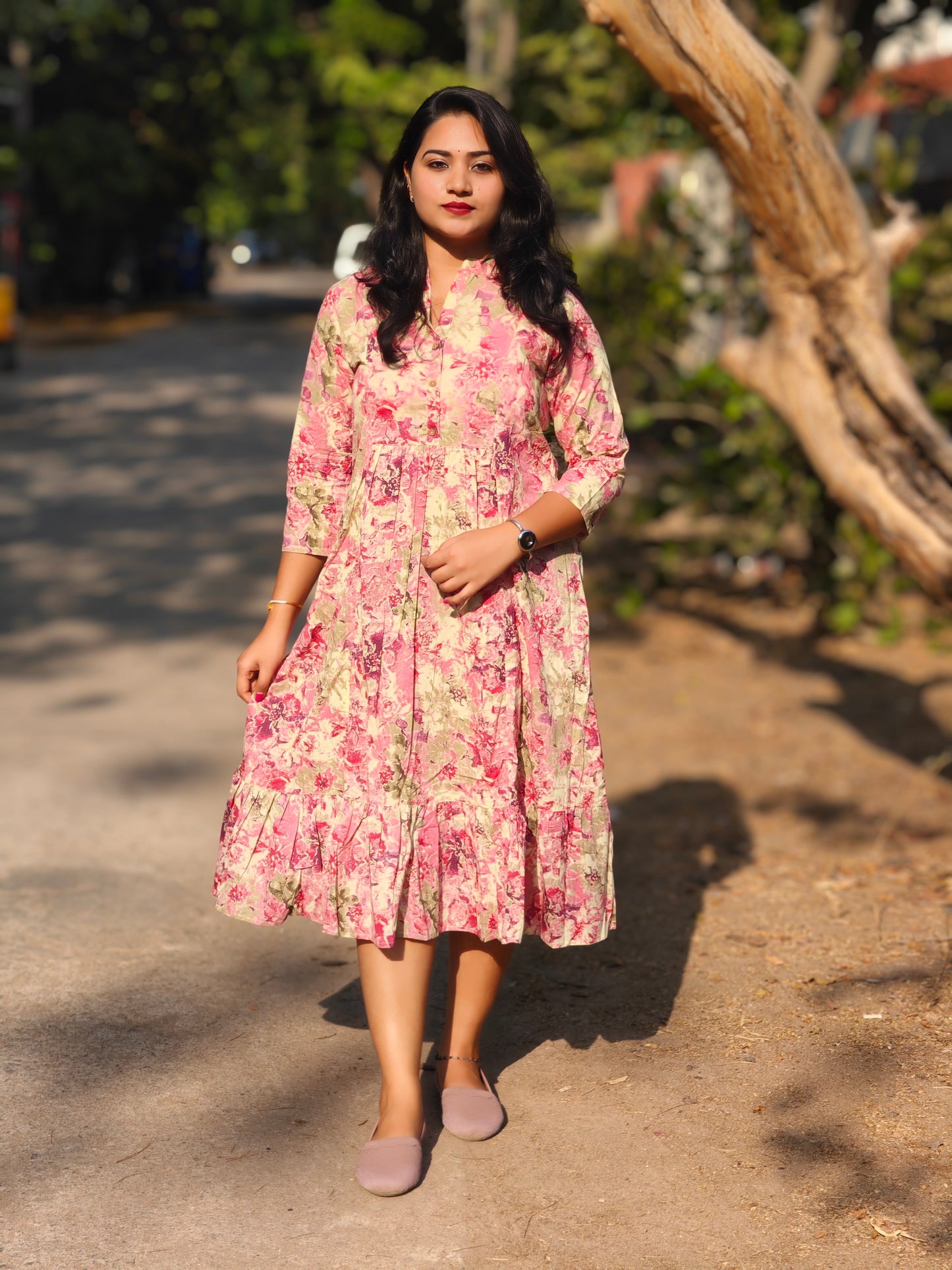 Pink Cotton Abstract Print Gathered Dress for Women – Sizes M to XL