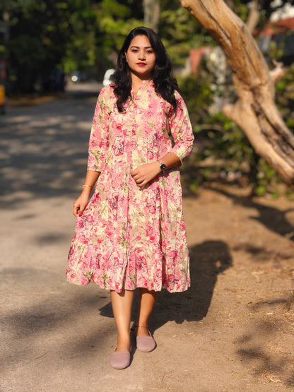Pink Cotton Abstract Print Gathered Dress for Women – Sizes M to XL