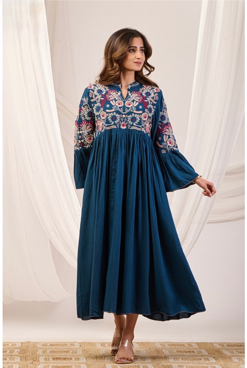Embroidered Teal Cotton Long Kurta Dress with Yoke and Sleeve Embroidery for Women