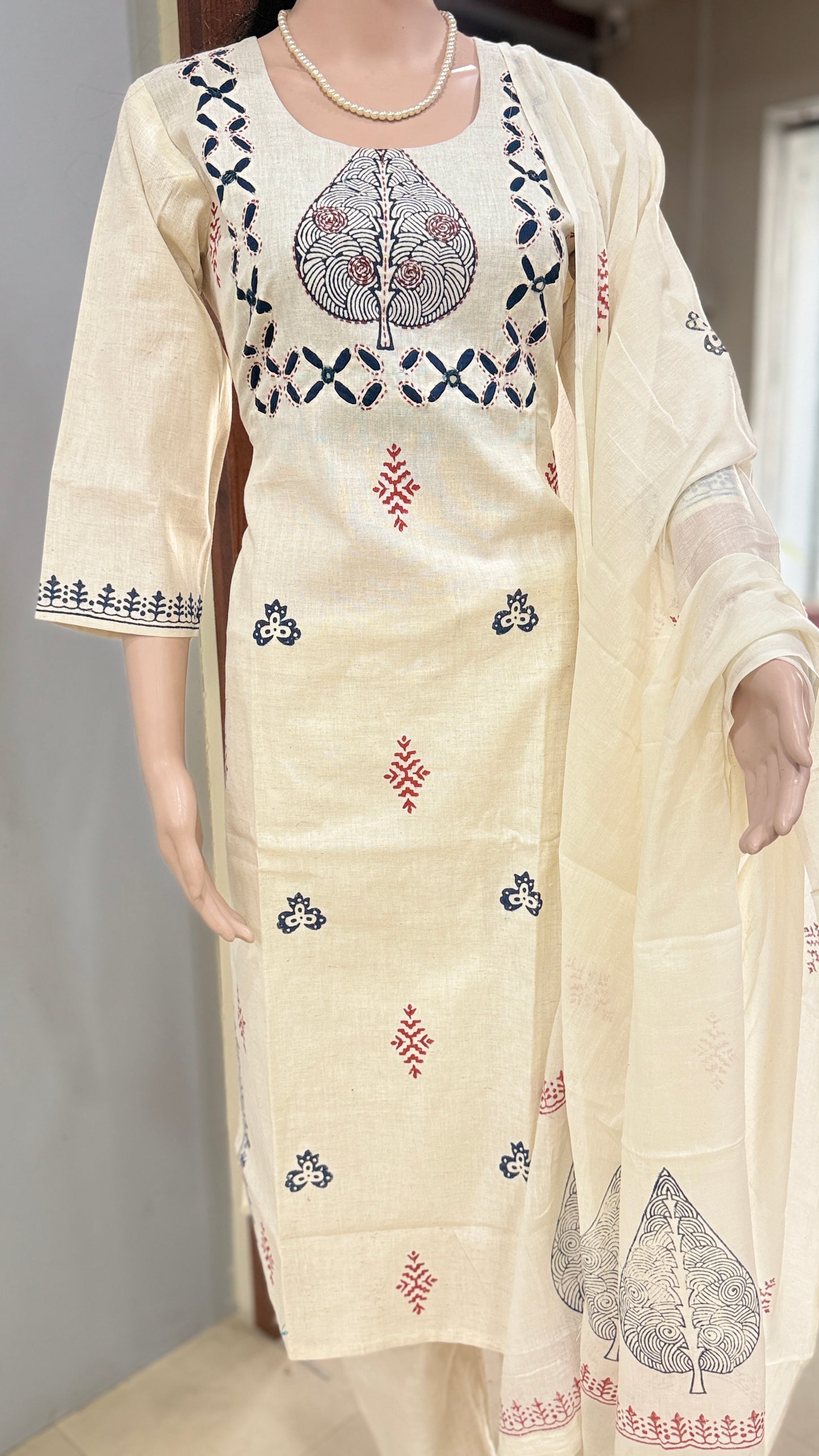 Block print flex kurta pant dupatta set for women, 3/4 sleeves, sizes 38 to 46, ethnic 3 piece suit set