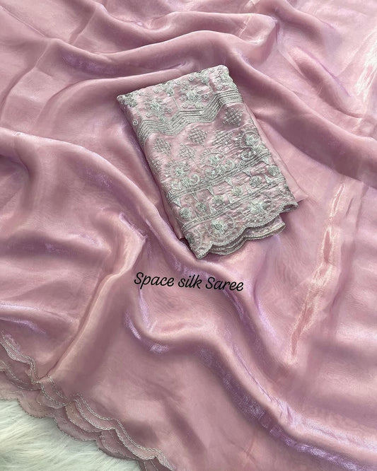 Space Silk Saree with Arco Cut Work and Embroidered Blouse – Elegant Party and Festive Wear Saree for Women