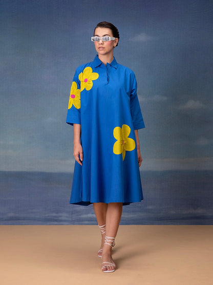 Poplin Cotton Applique Midi Dress with Bold Floral Motifs – Women’s Casual Wear (M to XL)