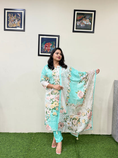 Women’s Linen Schiffli Embroidered Kurta Set with Cotton Pant and Viscose Mal Dupatta – L to 3XL
