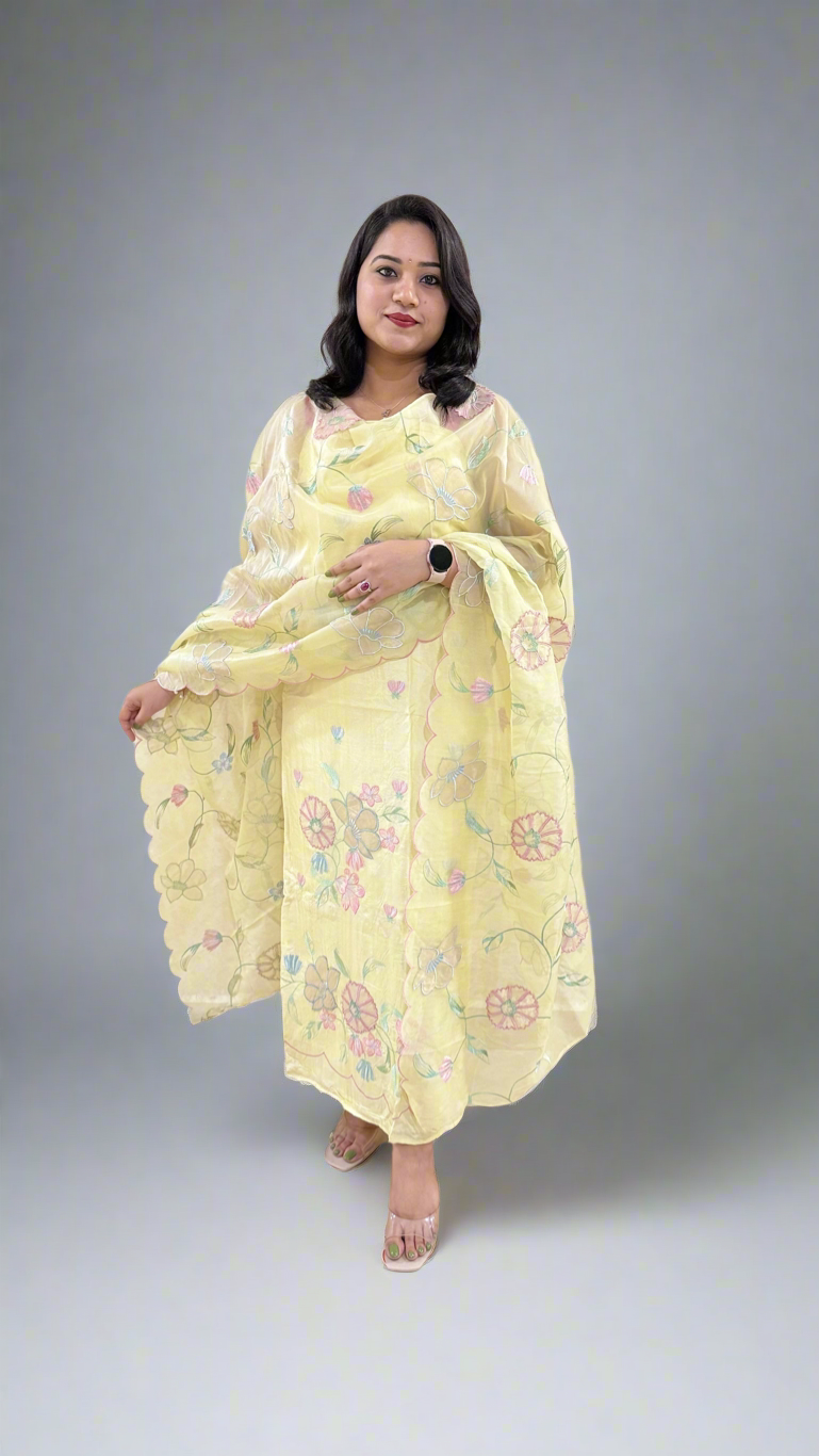 Unstitched Bamber Silk Suit with Resham Embroidery, 3D Patch Appliqué and Organza Dupatta