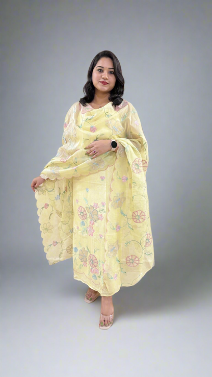 Unstitched Bamber Silk Suit with Resham Embroidery, 3D Patch Appliqué and Organza Dupatta