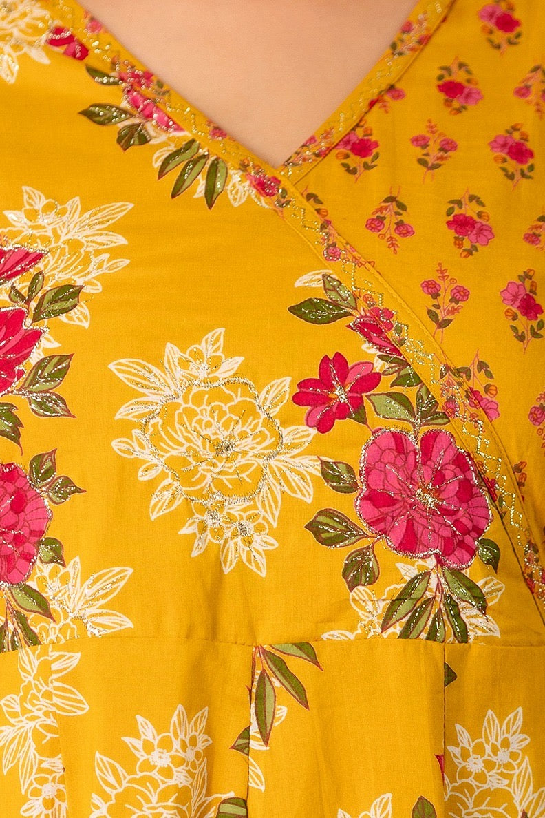 Women’s flared printed cotton kurta pant dupatta set with zari embroidery – festive ethnic wear