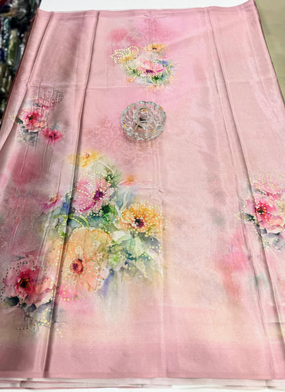 Japan satin saree for women with position print pallu and blouse, soft satin printed saree for festive and casual wear