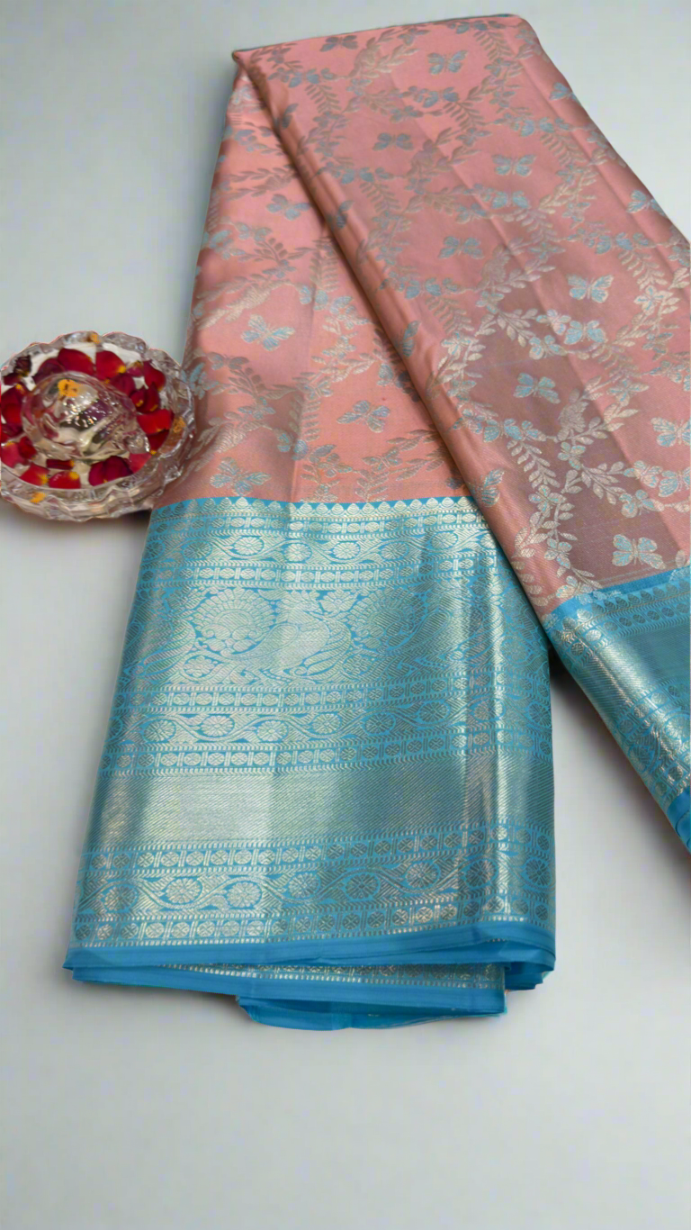 Handloom Kanchi Silk Saree with Silver Zari Double Warp in Peach Pink for Women