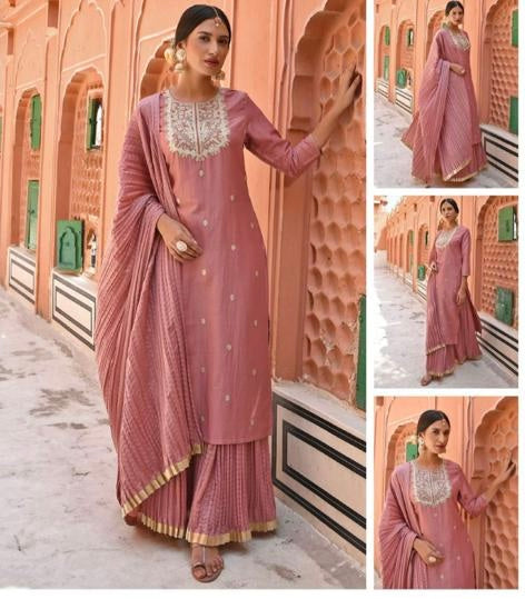 Pink Chinnon Embroidered Kurta Sharara Dupatta Set with Zari Detailing for Women