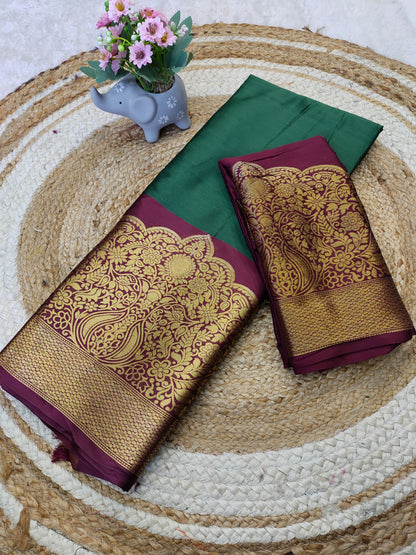 Kanjivaram Narayanpeth Silk Saree with Mor Designer Border and Contrast Pallu – With Blouse Piece