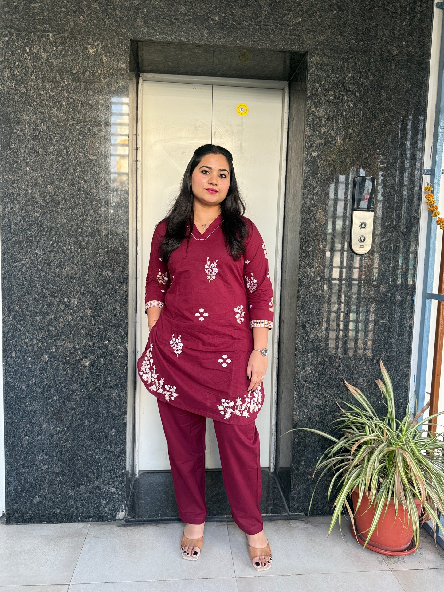 Cotton Co-ord Set for Women with Thread and Bead Embroidery – Shirt and Pant Set