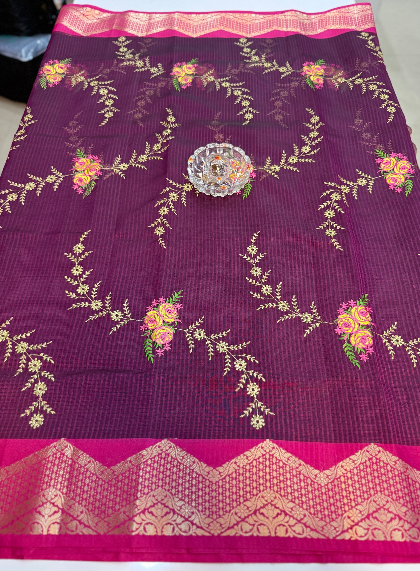 Banarasi kota silk saree with floral embroidery, contrast magenta zari border and matching blouse piece for women