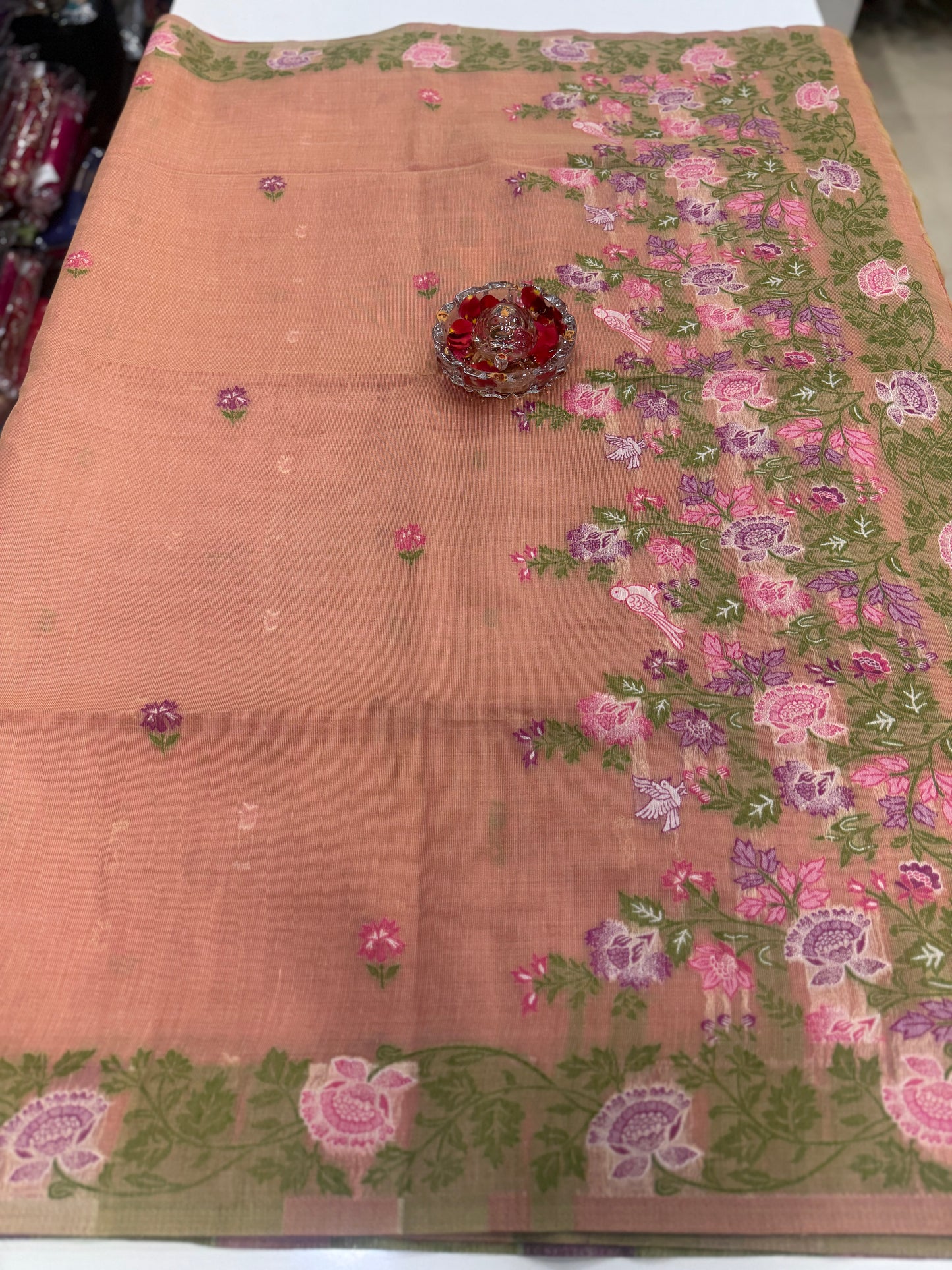 Tissue chanderi saree with floral border and tassel pallu, pastel printed saree for women