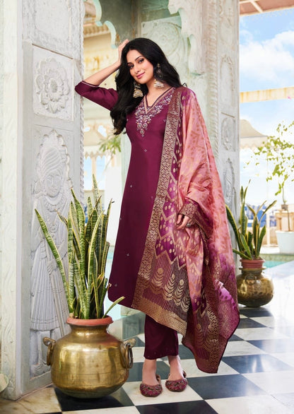 Dola Silk Kurti Set with Russian Silk Pant and Jacquard Dupatta – Handwork Ethnic Set for Women