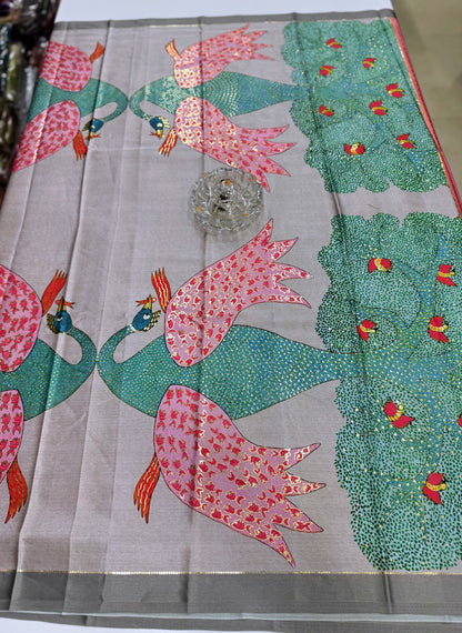 Japan satin saree for women with position print pallu and blouse, soft satin printed saree for festive and casual wear