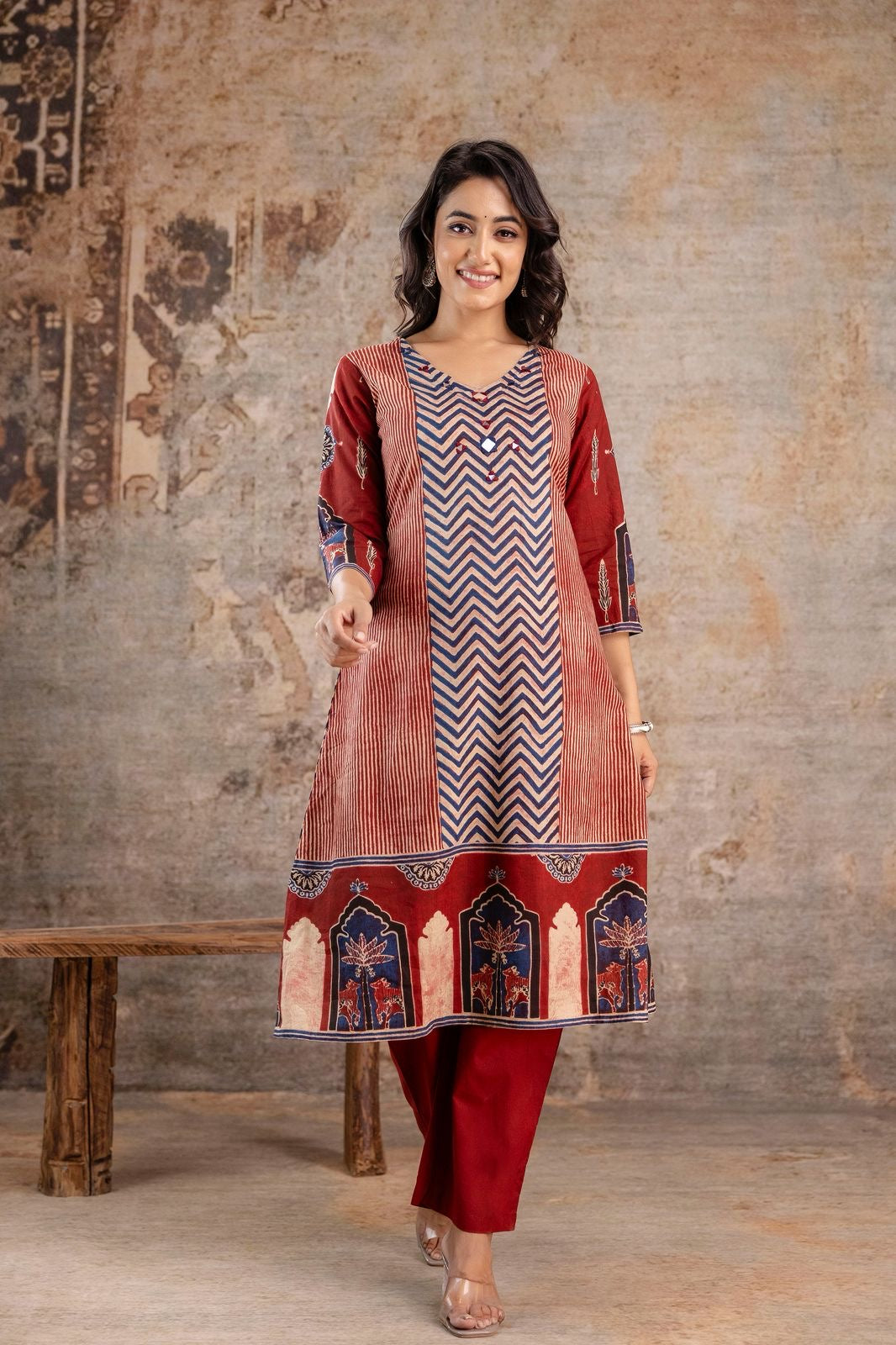 Jaipuri Cotton Kurti Pant Set for Women with Chevron Print and Mughal Border – Sizes 38 to 46