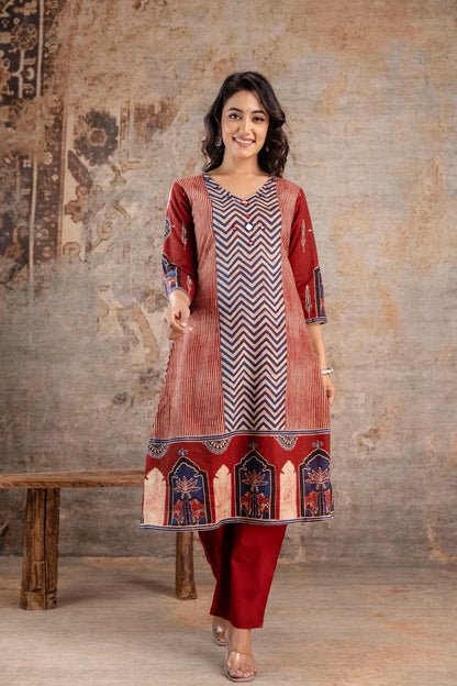 Jaipuri Cotton Kurti Pant Set for Women with Chevron Print and Mughal Border – Sizes 38 to 46