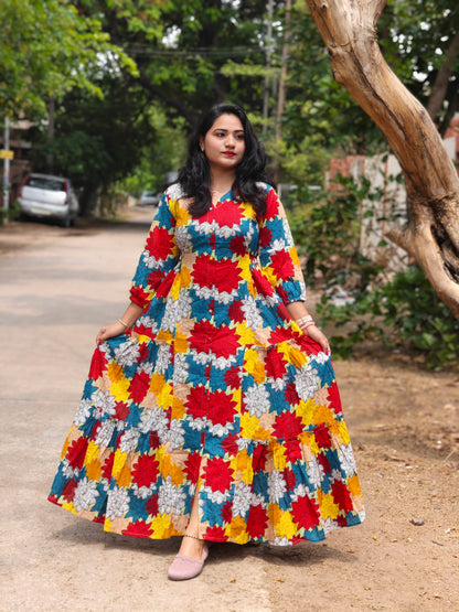 Radiant Blooms Cotton Flared Dress with Multi-Color Floral Panels – Casual & Occasion Wear