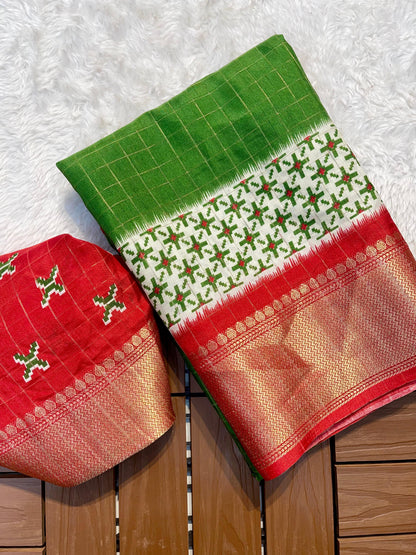 Digital Kalamkari Printed Dola Silk Saree with Gold Zari Jacquard Pattu Border – With Blouse Piece