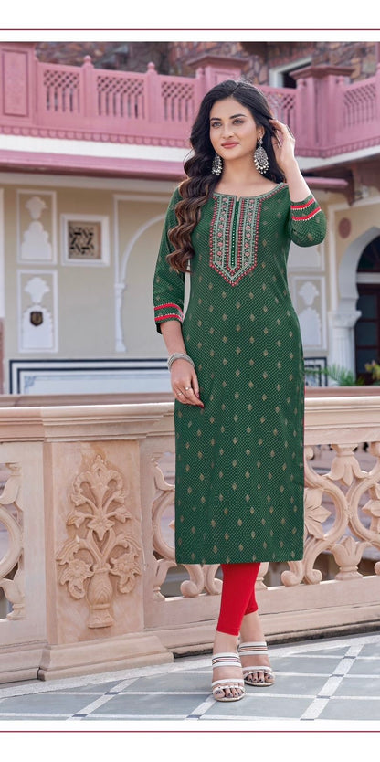 Rayon Printed Kurti with Embroidery and Handwork for Women – XL & XXL