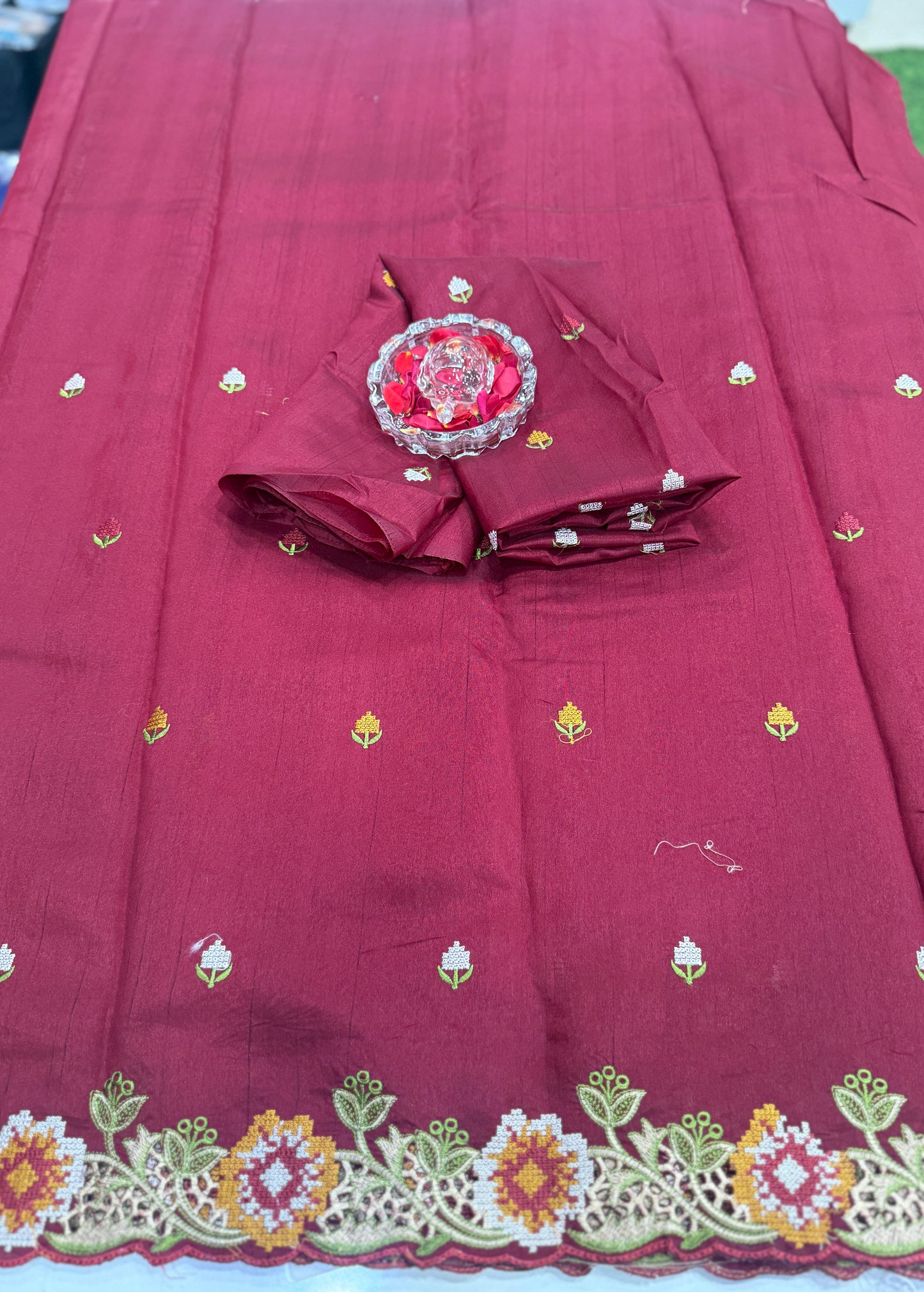 Matka Silk Saree with Embroidered Buttis, Cutwork Big Pallu, and All-Over Cutwork Panel