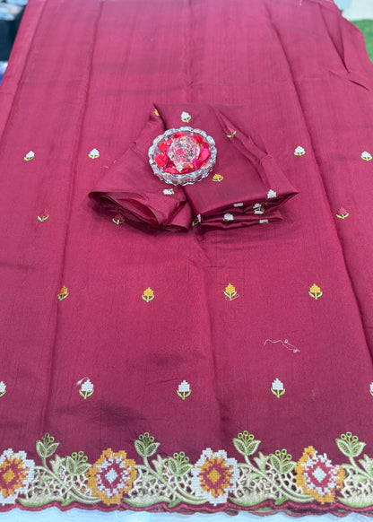 Matka Silk Saree with Embroidered Buttis, Cutwork Big Pallu, and All-Over Cutwork Panel