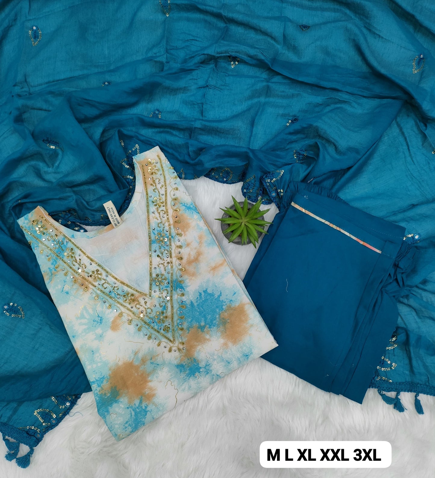 Handcrafted Modal Silk Kurti with Pant & Heavy Work Dupatta – Sizes M to 3XL