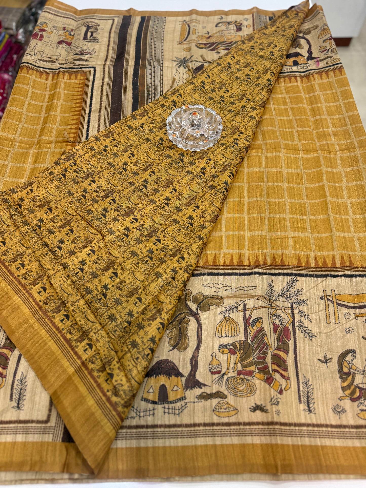 Spider Silk Saree with Folk Art Print Border and Tassel Pallu