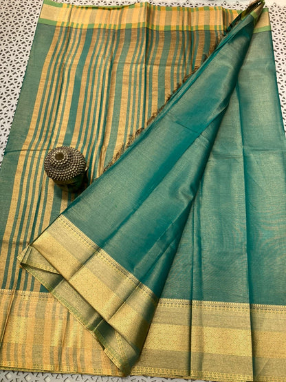 Mangalagiri Semi Pattu Saree with Kadi Border, Checks and Butta Weave for Women – Contrast Pallu and Blouse