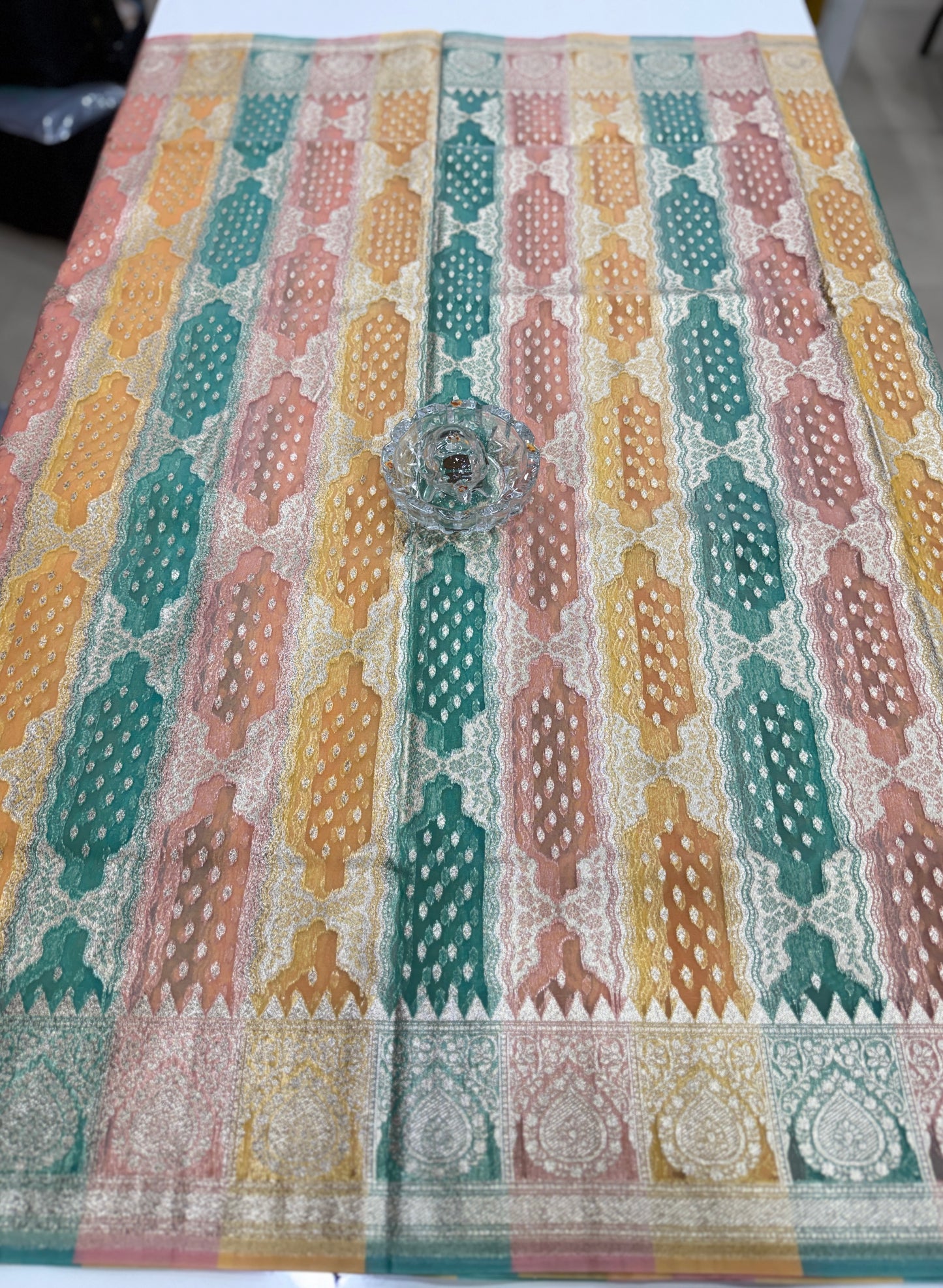 Banarasi handloom kora organza rankaat saree with allover zari stripe weaving and blouse piece