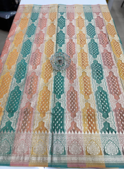 Banarasi handloom kora organza rankaat saree with allover zari stripe weaving and blouse piece