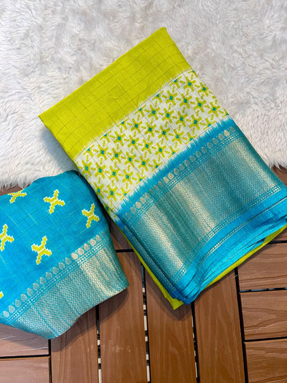 Digital Kalamkari Printed Dola Silk Saree with Gold Zari Jacquard Pattu Border – With Blouse Piece