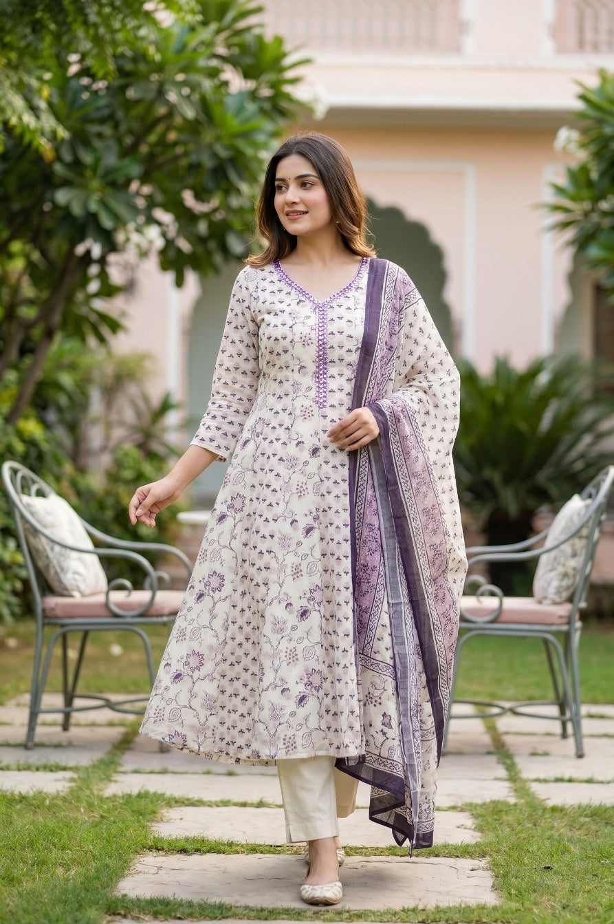Embroidered Mul Cotton Kurta Pant Dupatta Set for Women with Floral A-Line Styling