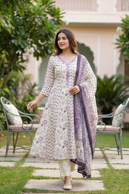 Embroidered Mul Cotton Kurta Pant Dupatta Set for Women with Floral A-Line Styling